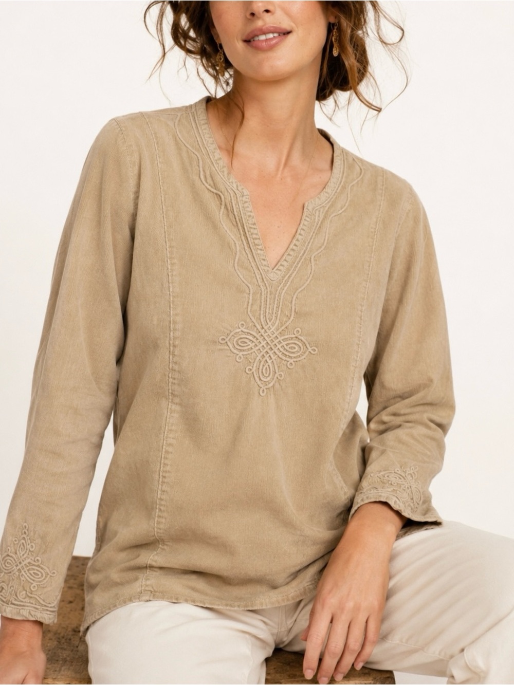 Vintage Anthropologie Isabella Bird 100% Cotton Corduroy Beige Embroidered Top L